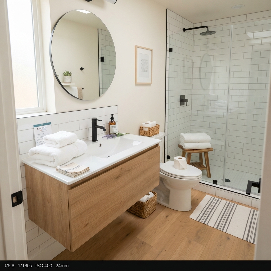 Freshly cleaned bathroom with folded towels after ScandiClean holiday rental changeover